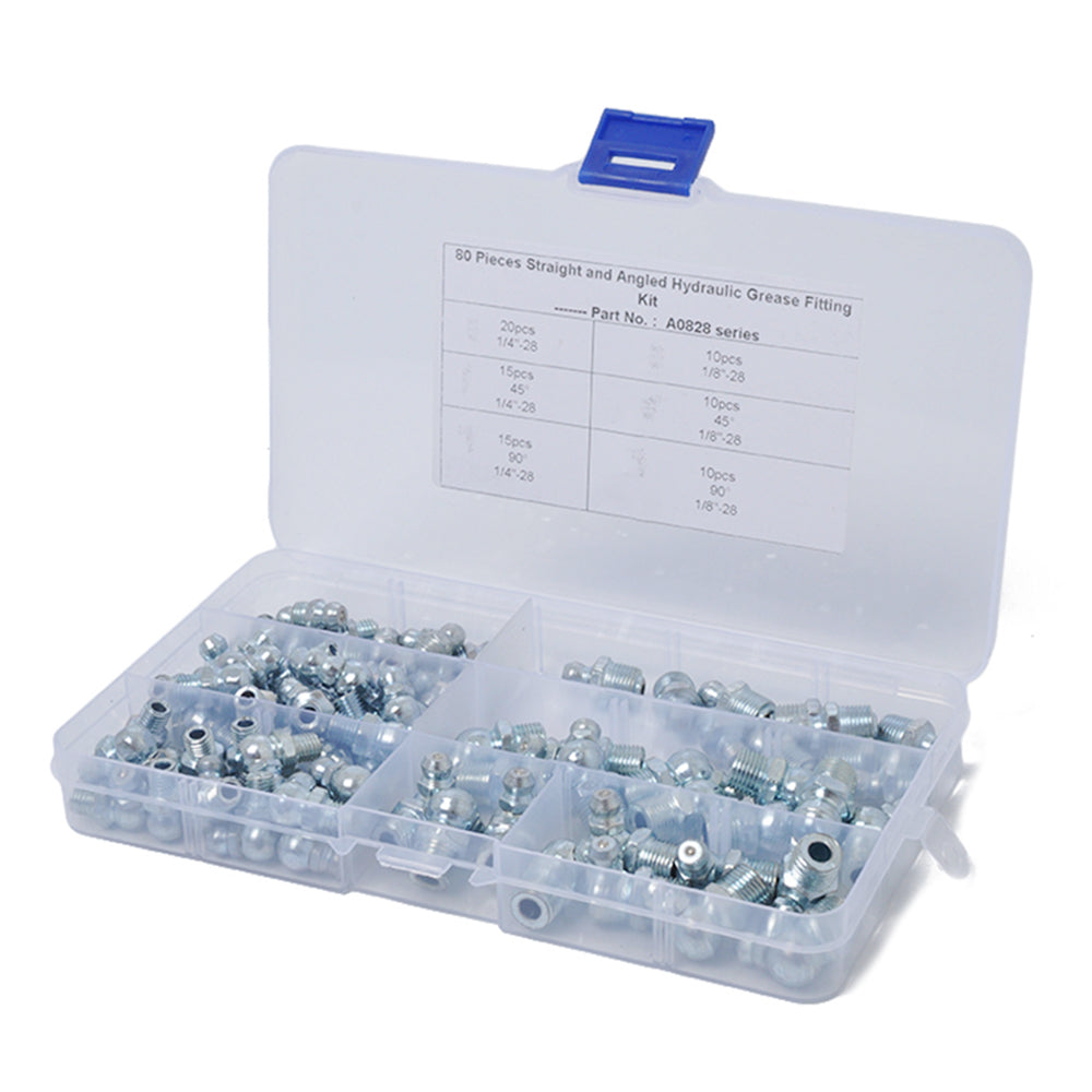 A0828 80Pcs 45 / 90 Degree Angled and Straight Hydraulic Grease Fitting Assort Kit A0828 80Pcs 45 / 90 Degree Angled and Straight Hydraulic Grease Fitting Assort Kit